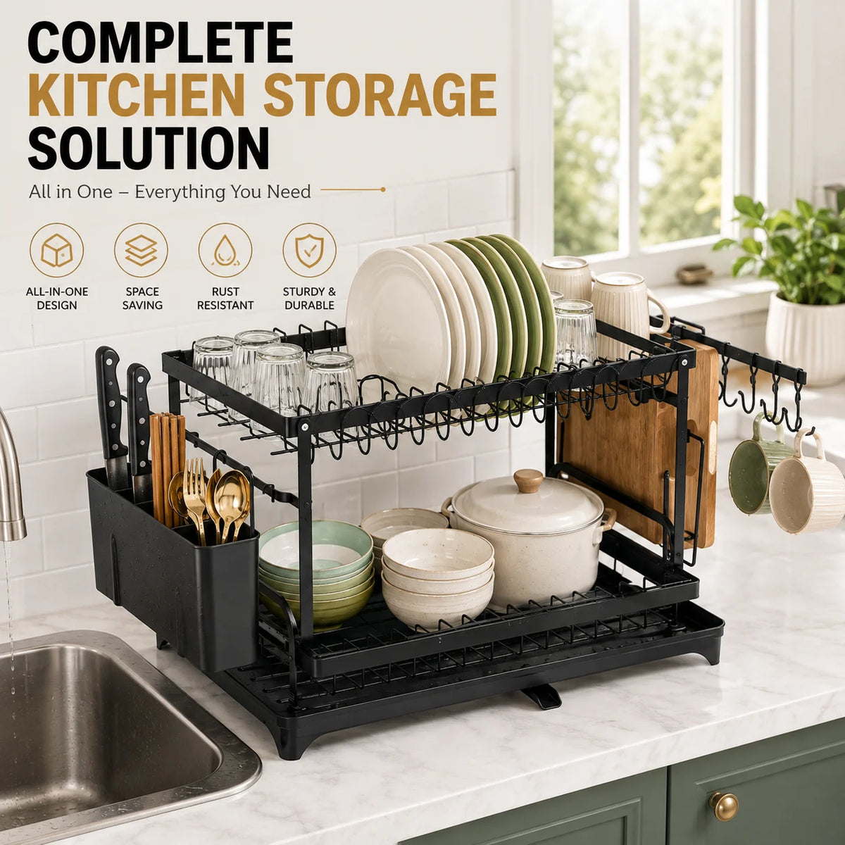 AEHOME Two Tier Kitchen Countertop Storage Rack With Drain Tray