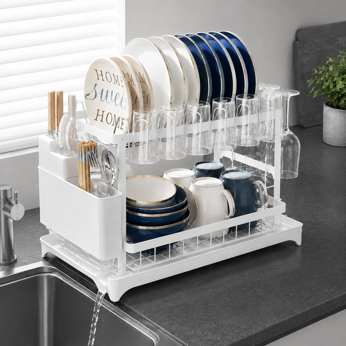 AEHOME Two Tier Kitchen Countertop Storage Rack With Drain Tray