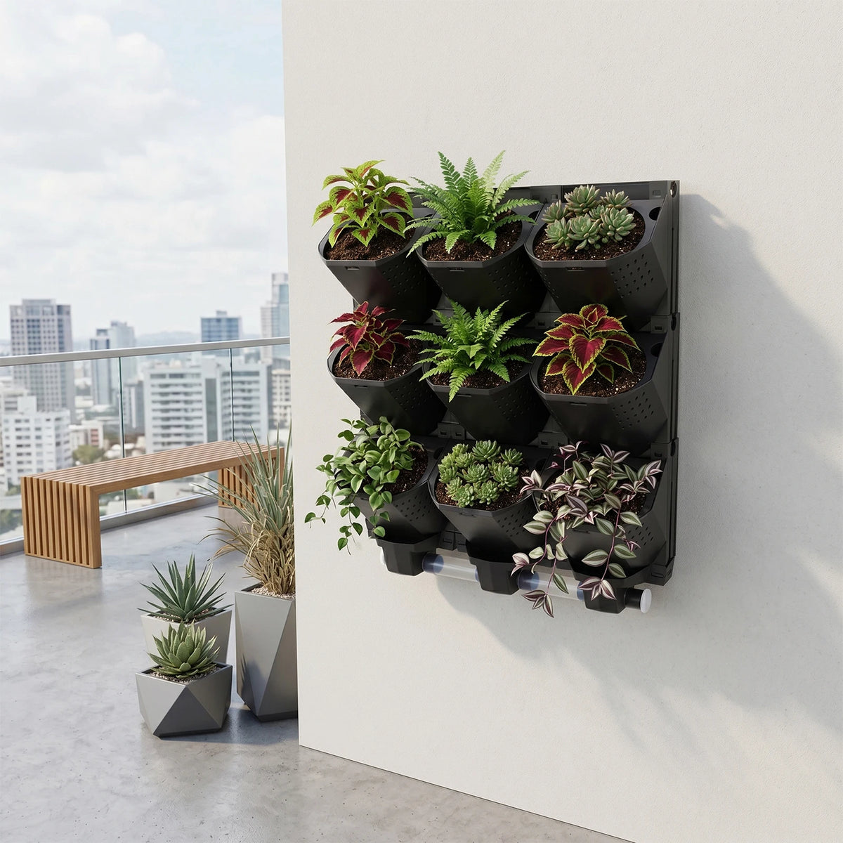 Modular 9 Pot Wall Planter With Drainage Trays Vertical Garden