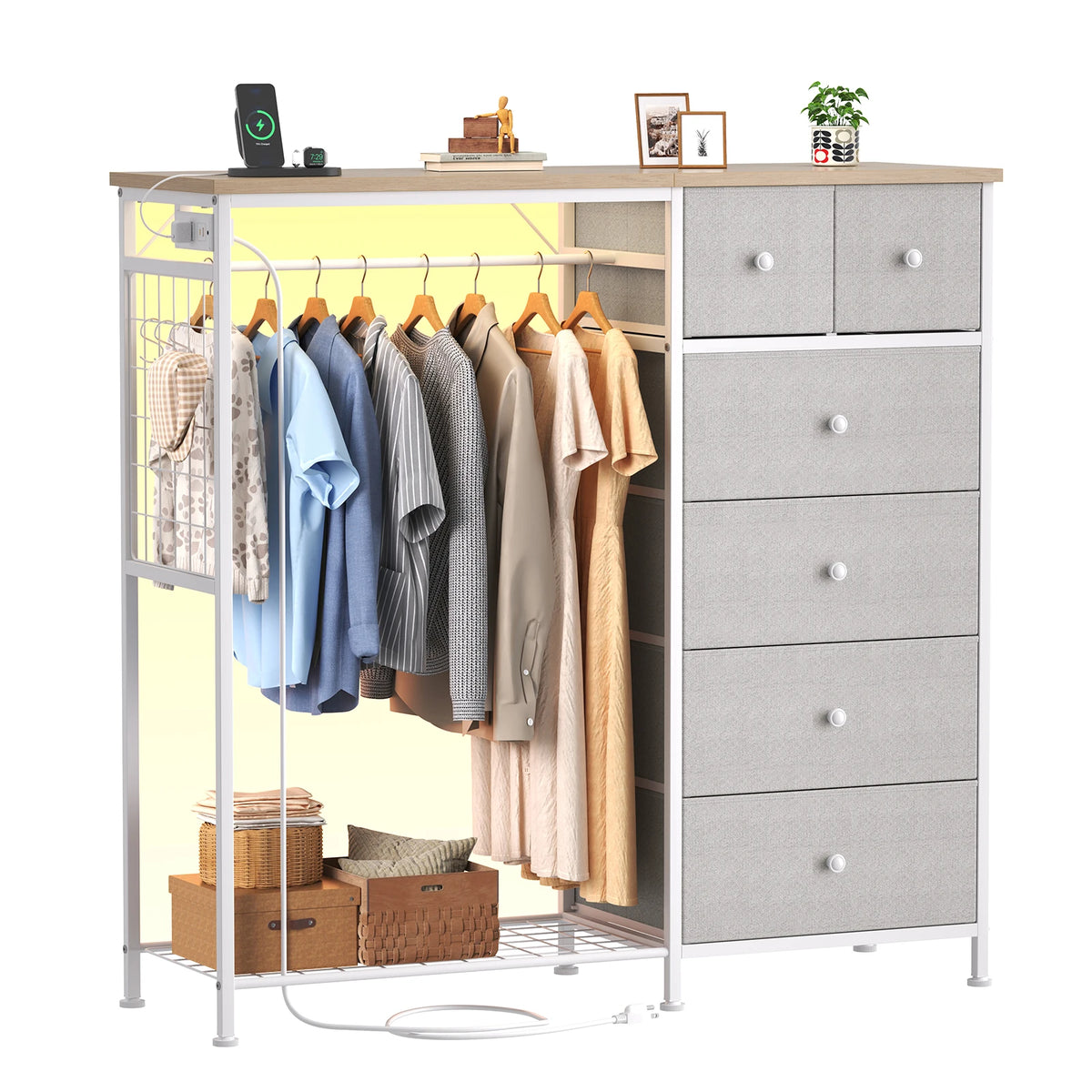 JHK 6 Drawer Fabric Dresser With LED Charging Station