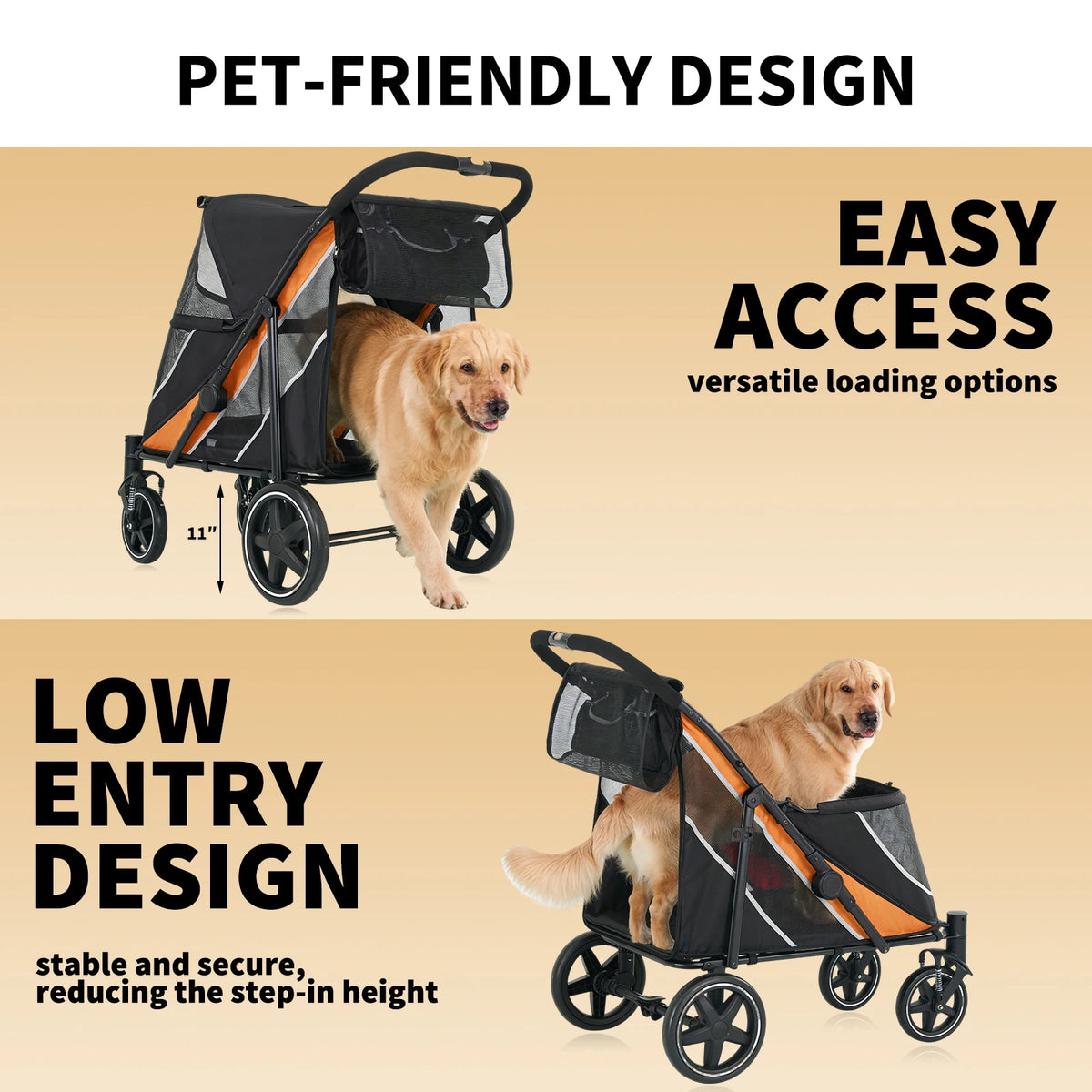 Foldable Dog Stroller with Adjustable Handle Canopy for Large Pets