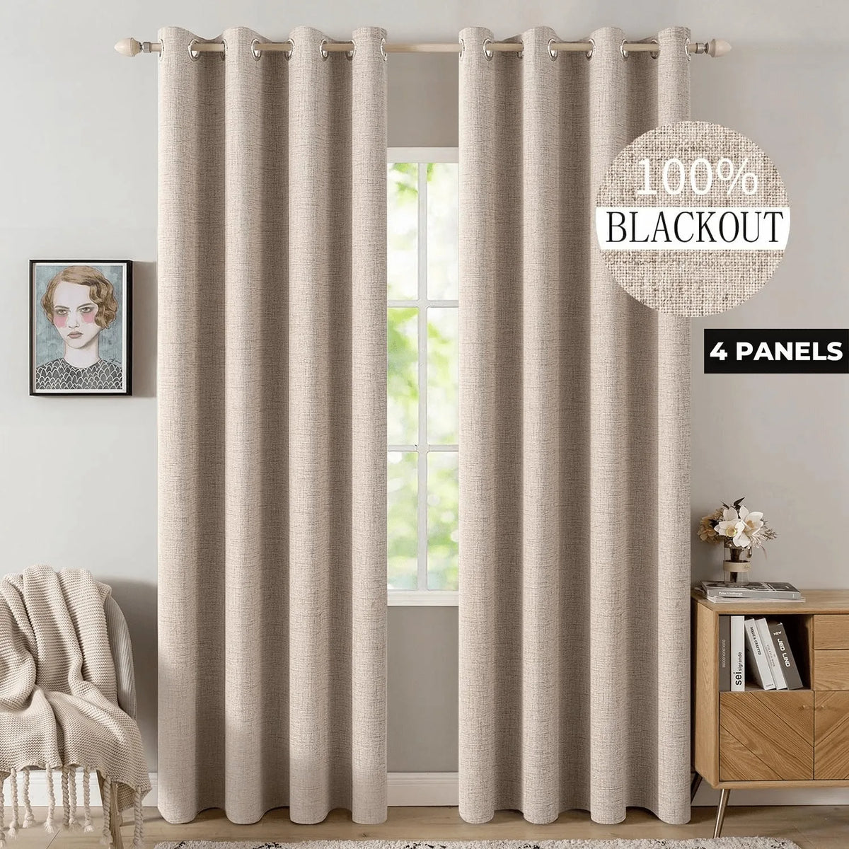 Textured Blackout Linen Curtains With Metal Grommet Top Thermal Insulation