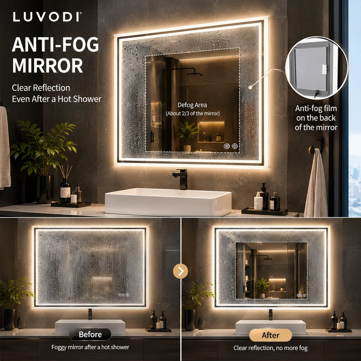 Luvodi Frameless Led Vanity Mirror With Anti Fog Touch Control