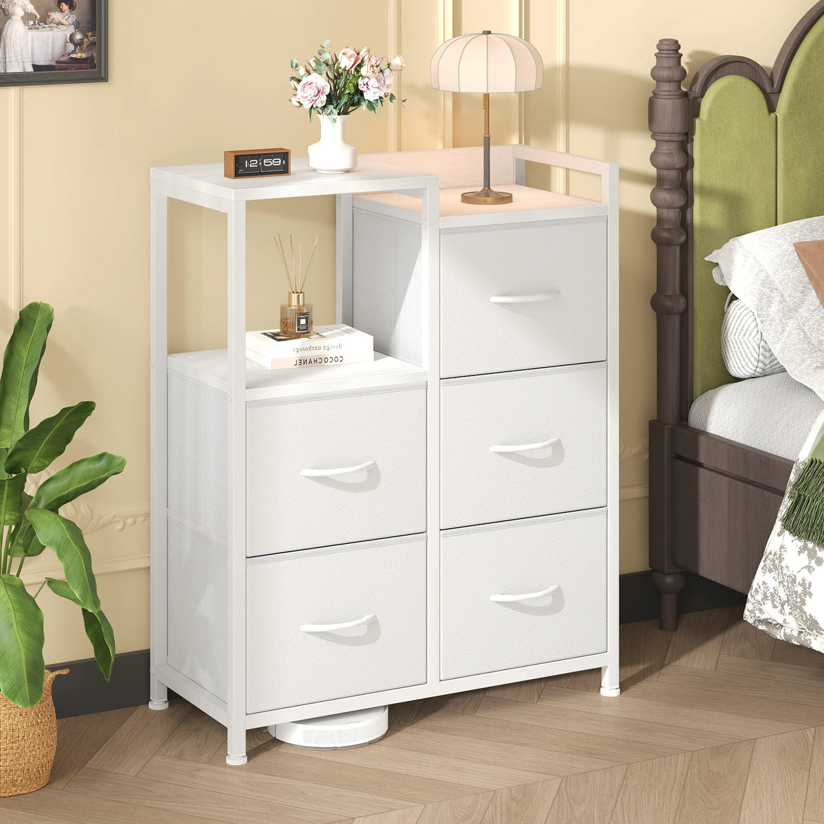 JHK Metal Frame Five Drawer Fabric Chest With Raised Shelf