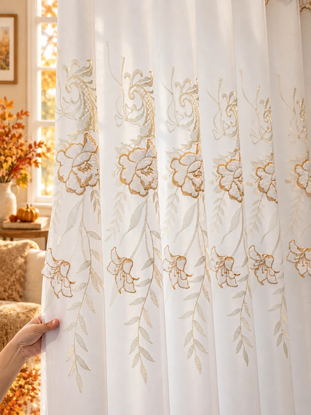 Double Layer Luxury Embroidered Blackout Sheer Curtain Panels