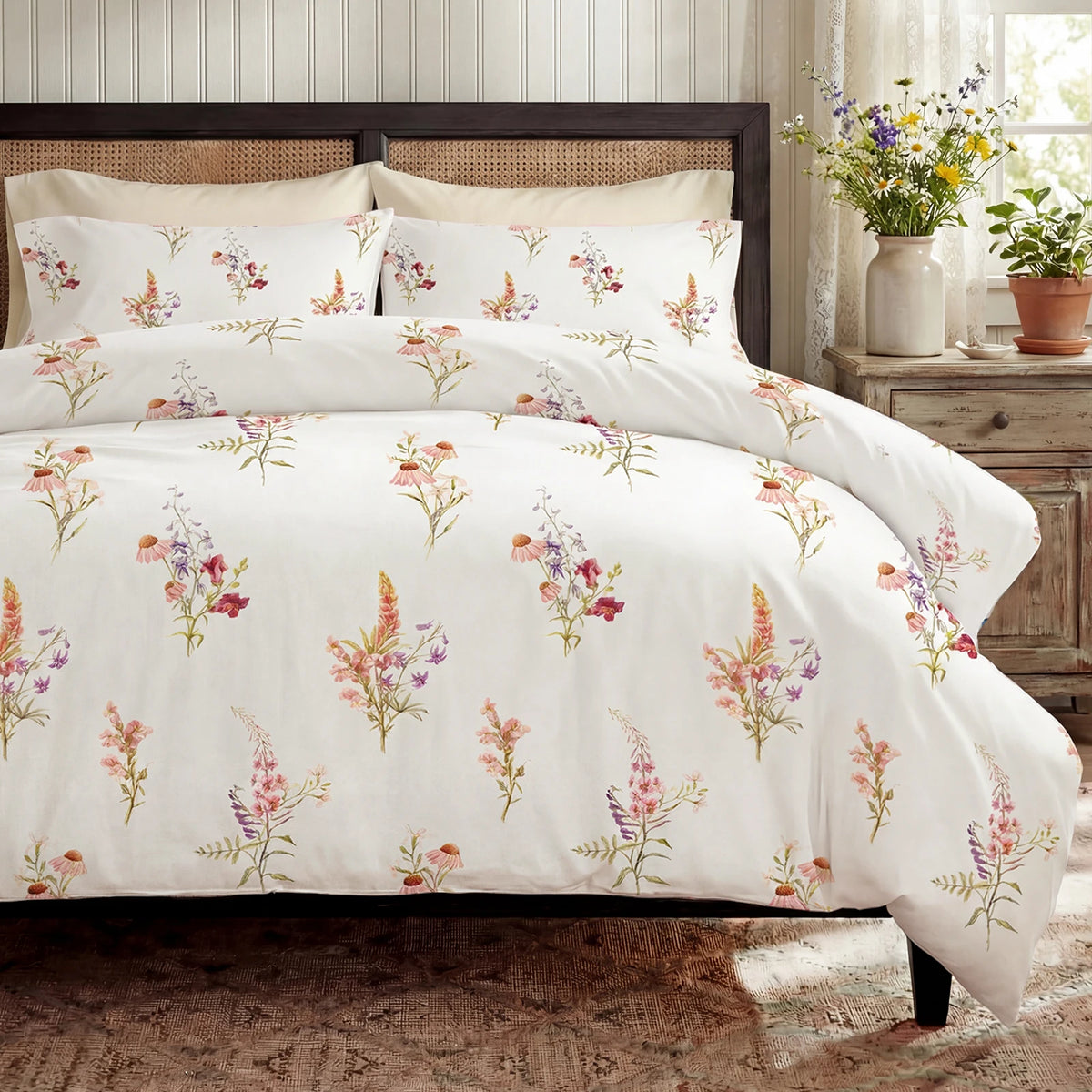Vintage Floral 100% Cotton Duvet Cover Set Zipper 3 Piece