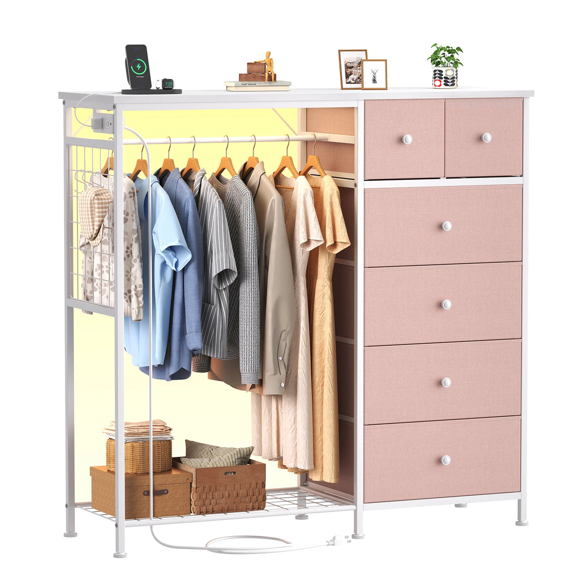 JHK 6 Drawer Fabric Dresser With LED Charging Station