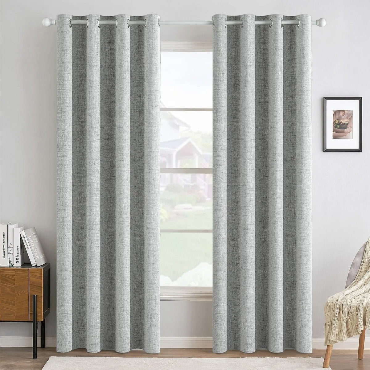 Textured Blackout Linen Curtains With Metal Grommet Top Thermal Insulation