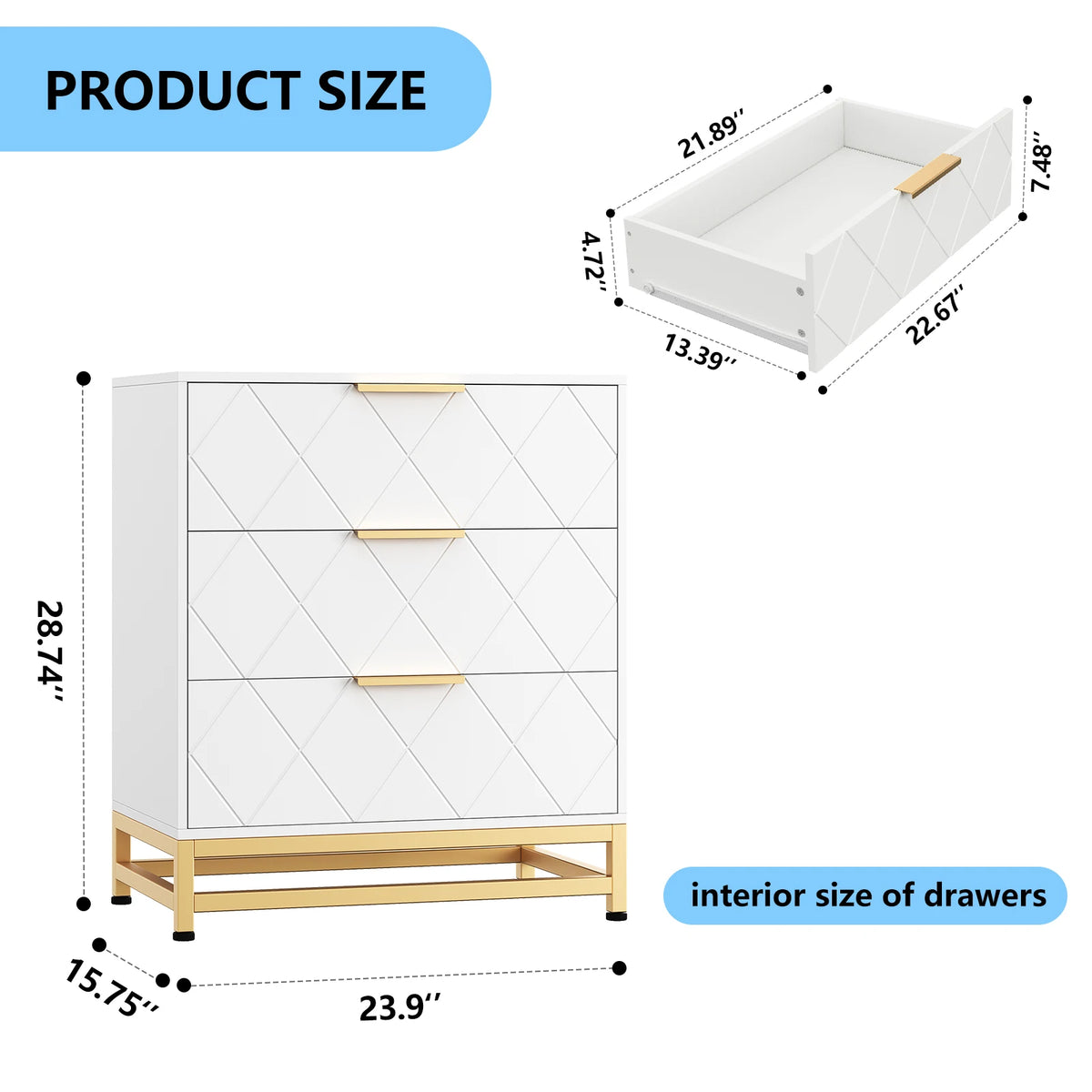 EliteZ Modern Three Drawers Bedroom Wooden Storage Dresser