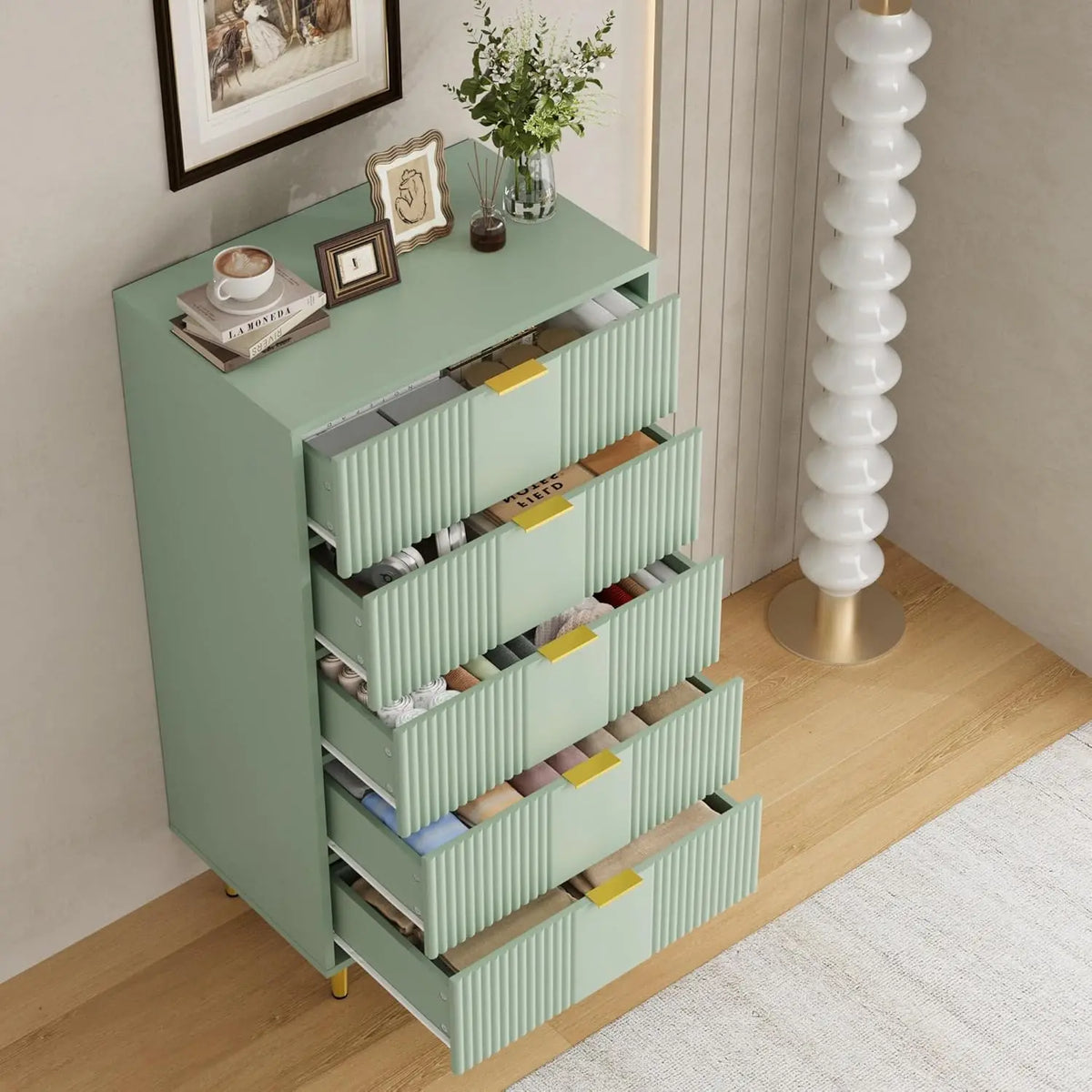 Gaomon Modern Fluted Five Drawer Wooden Storage Dresser
