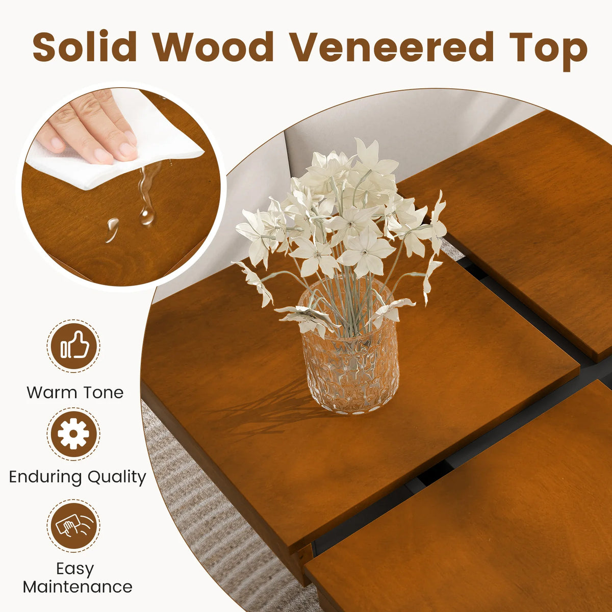 Homasis Square Coffee Table With Solid Wood Veneer Recessed Base
