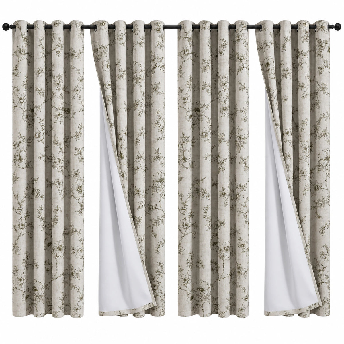 Floral Print Blackout Curtains With Thermal Insulation And Grommets
