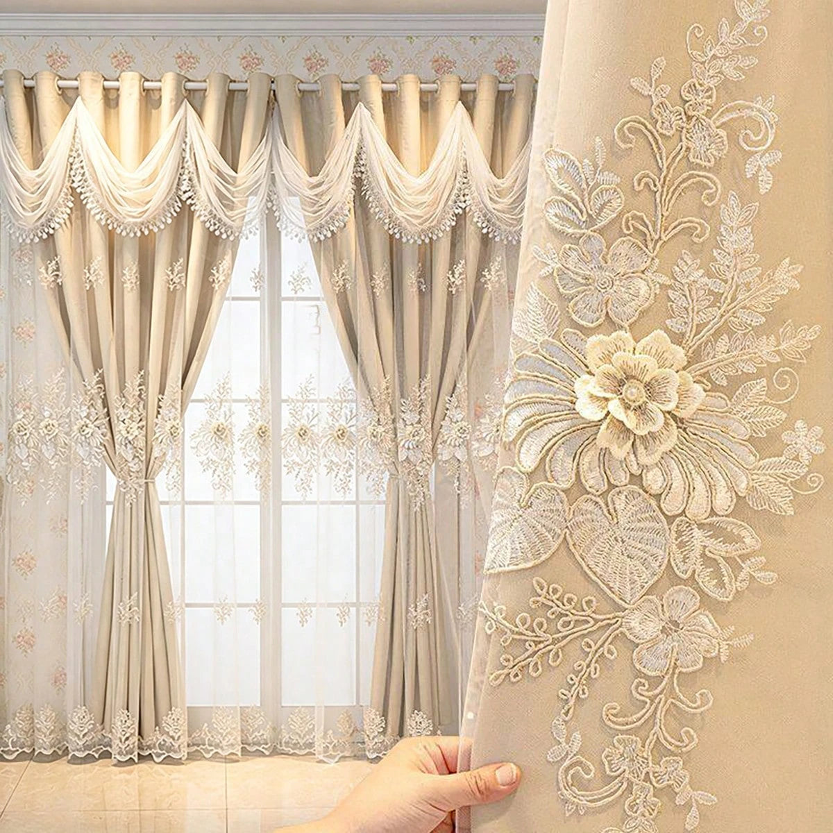 Premium Double Layer Ruffled Lace Curtain With Floral Embroidery