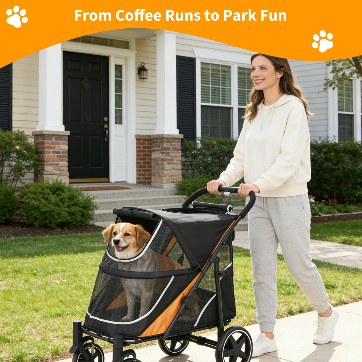 Foldable Dog Stroller with Adjustable Handle Canopy for Large Pets