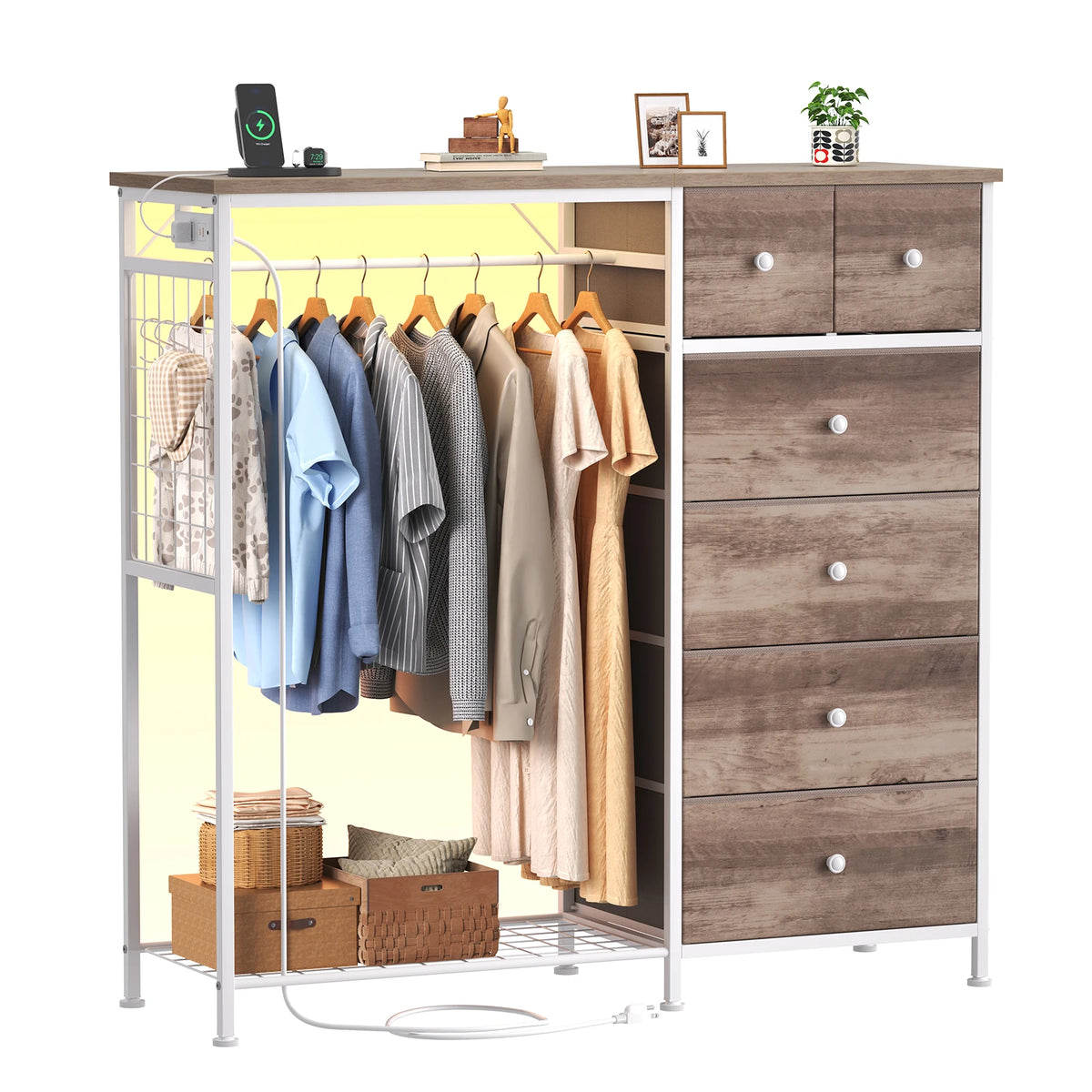 JHK 6 Drawer Fabric Dresser With LED Charging Station