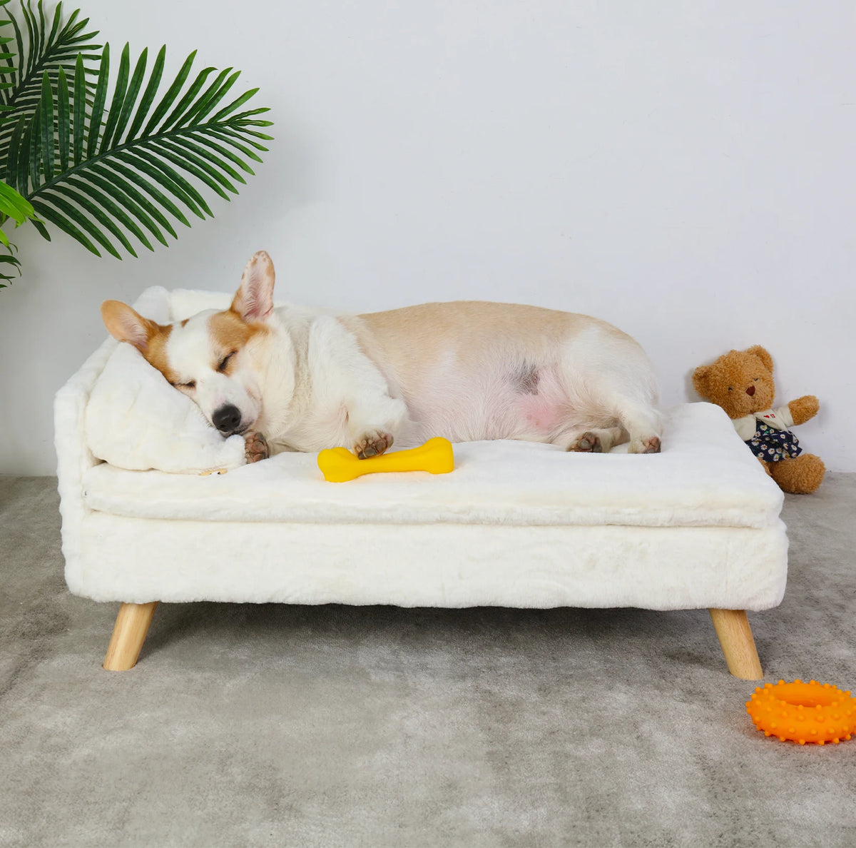 Elevated Wooden Pet Sofa Bed With Plush Cushion For Pets