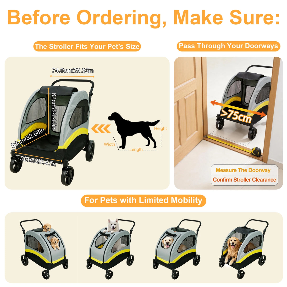 Foldable Four Wheel Dog Stroller With Shock Absorbing Swivel Wheels