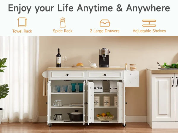 Rolling Kitchen Island Cart With Drop Leaf And Power Outlet