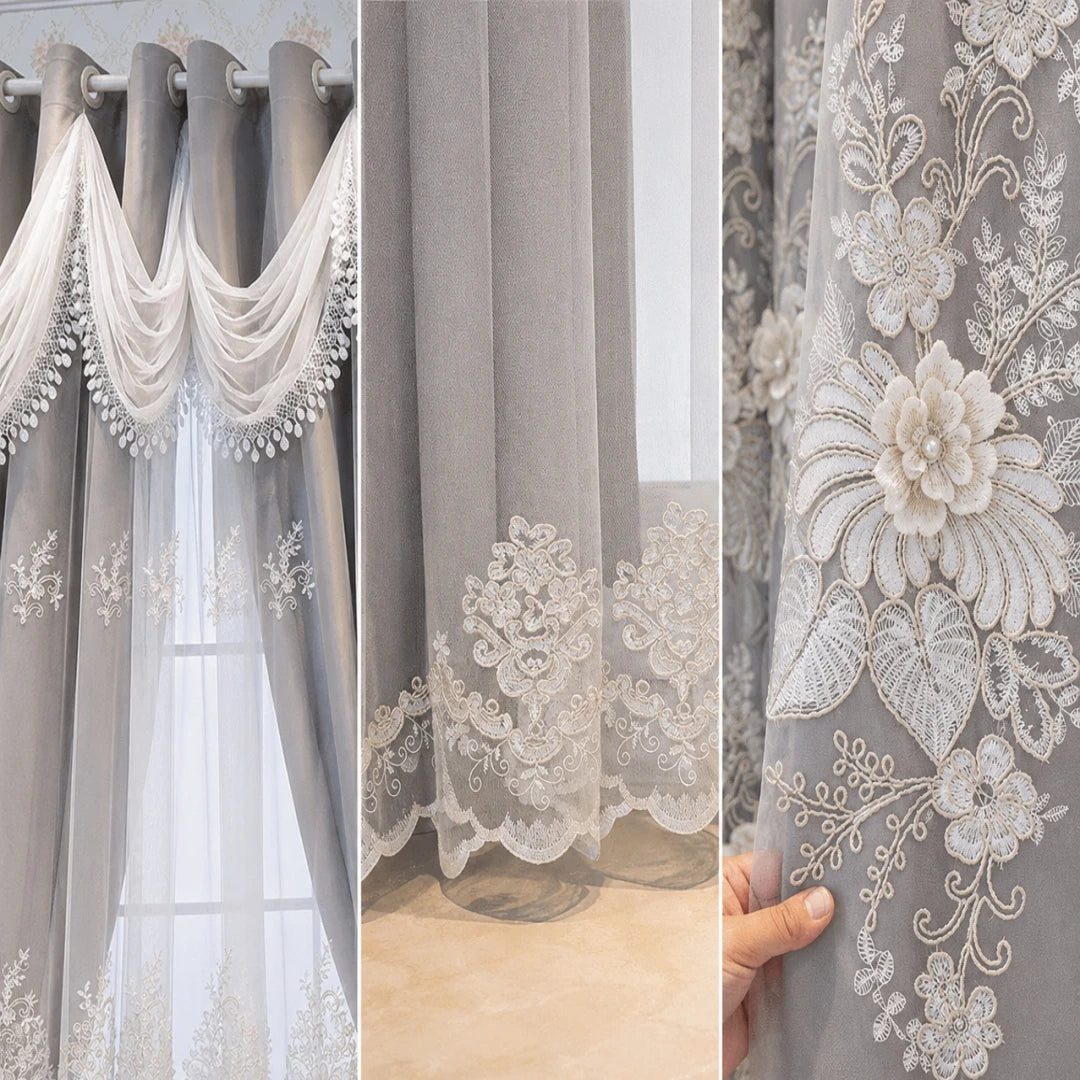 Premium Double Layer Ruffled Lace Curtain With Floral Embroidery