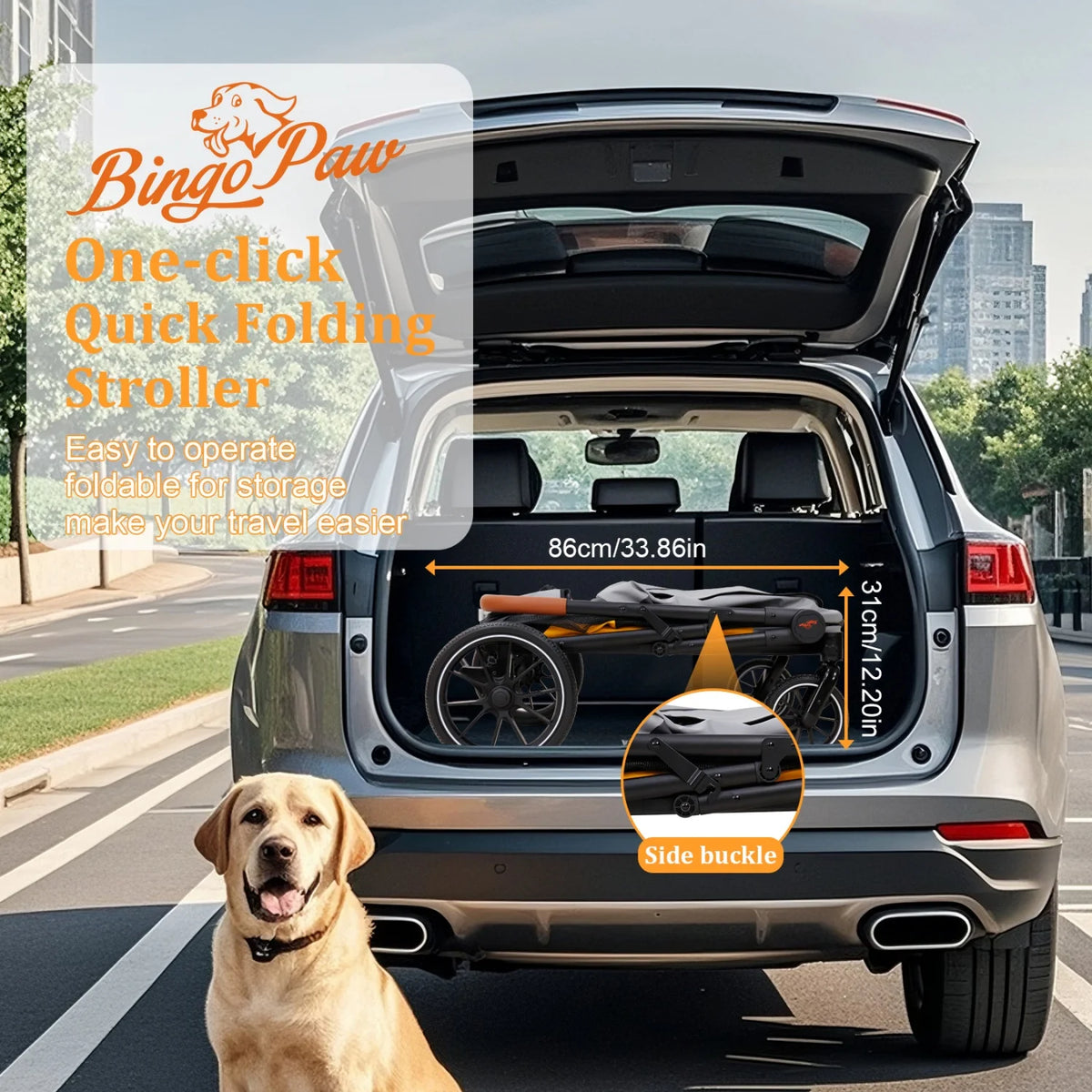 Foldable Dog Jogger Stroller With Storage Pockets And Wheels