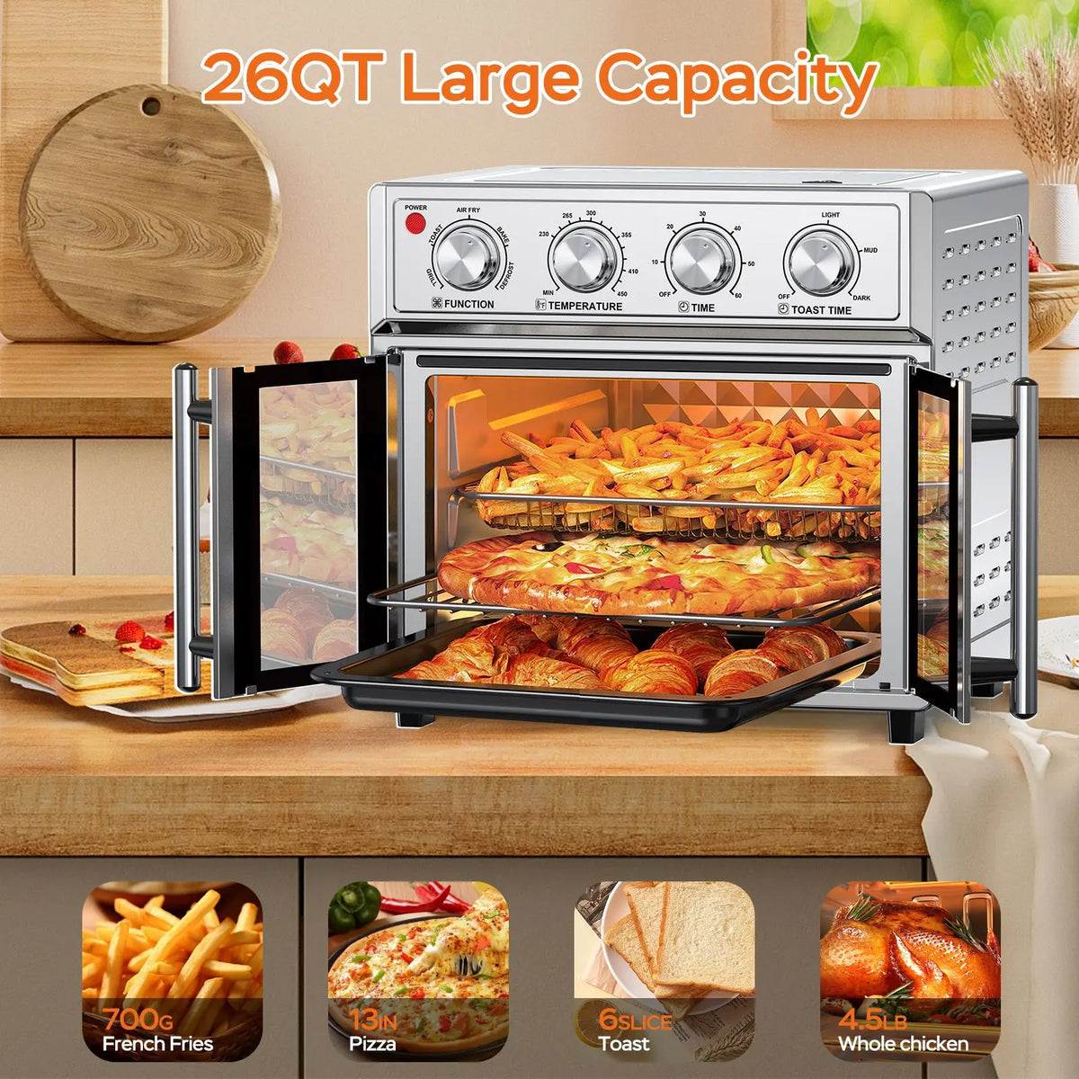 Stainless Steel French Door Air Fryer Convection Toaster Oven 1700W