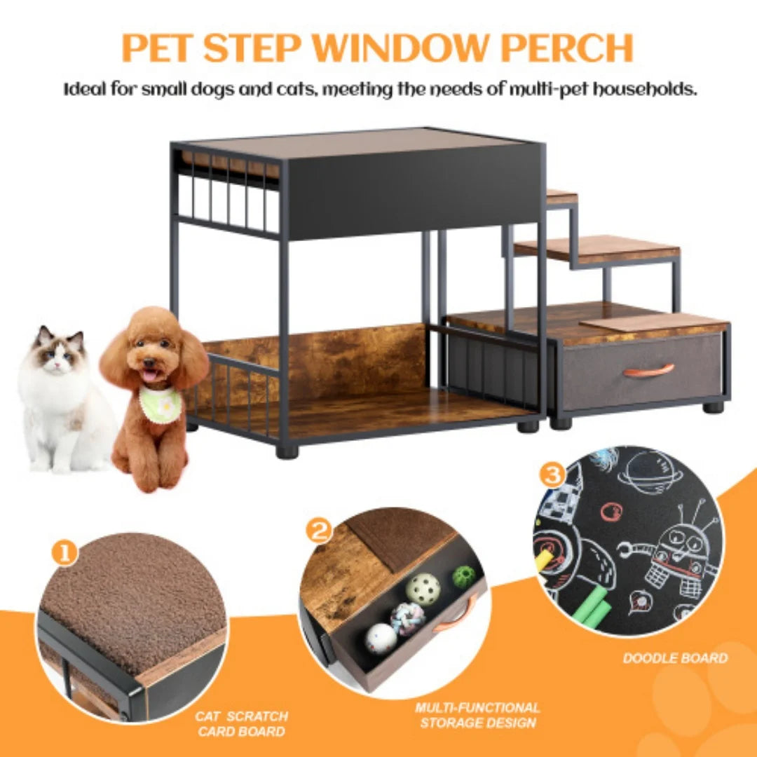 Multi-Level Elevated Dog Bunk Bed with Steps and Storage Drawer