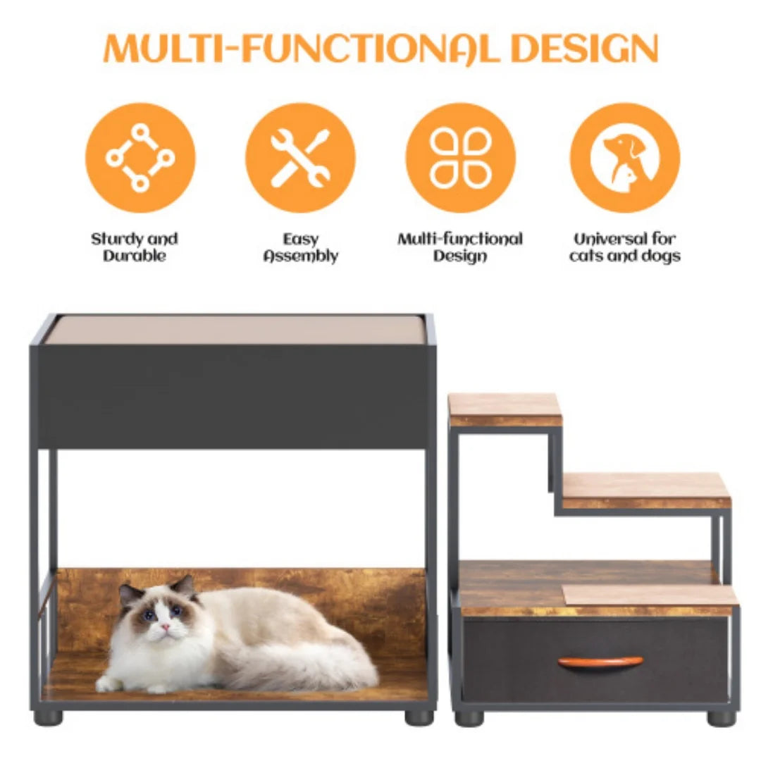 Multi-Level Elevated Dog Bunk Bed with Steps and Storage Drawer
