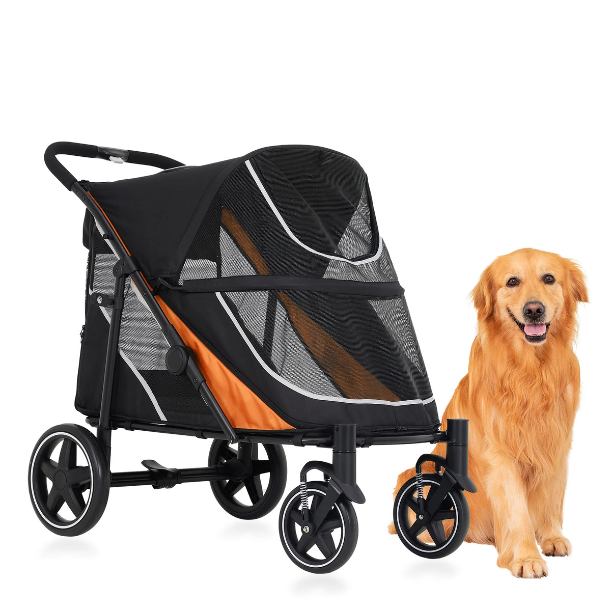 Foldable Dog Stroller with Adjustable Handle Canopy for Large Pets