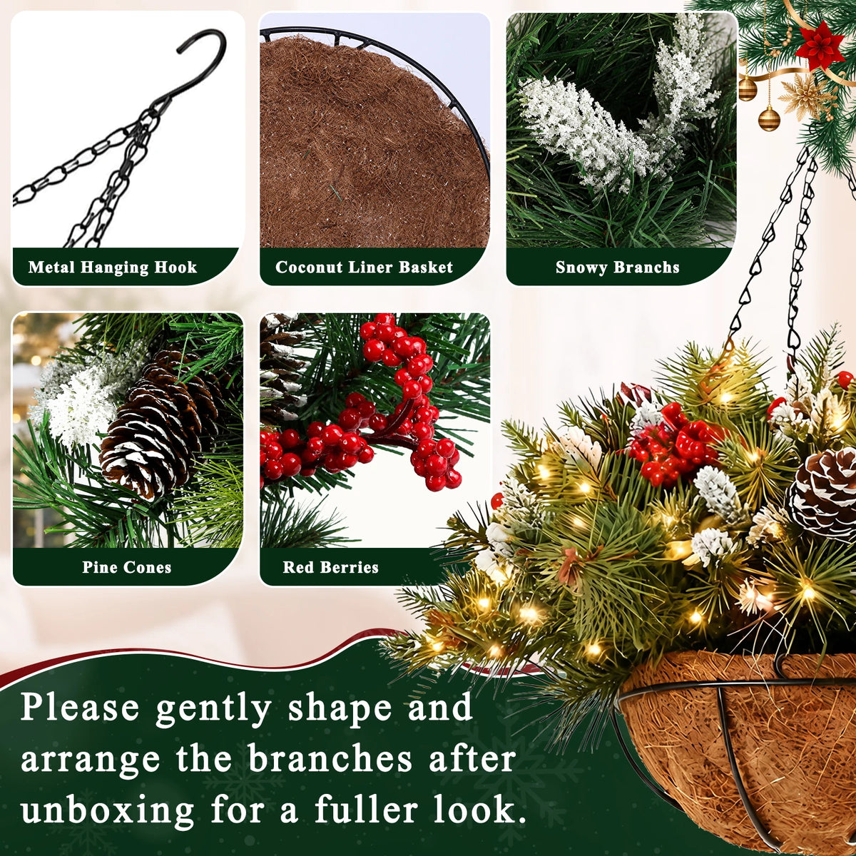 Prelit Artificial Christmas Hanging Basket With LED String Lights