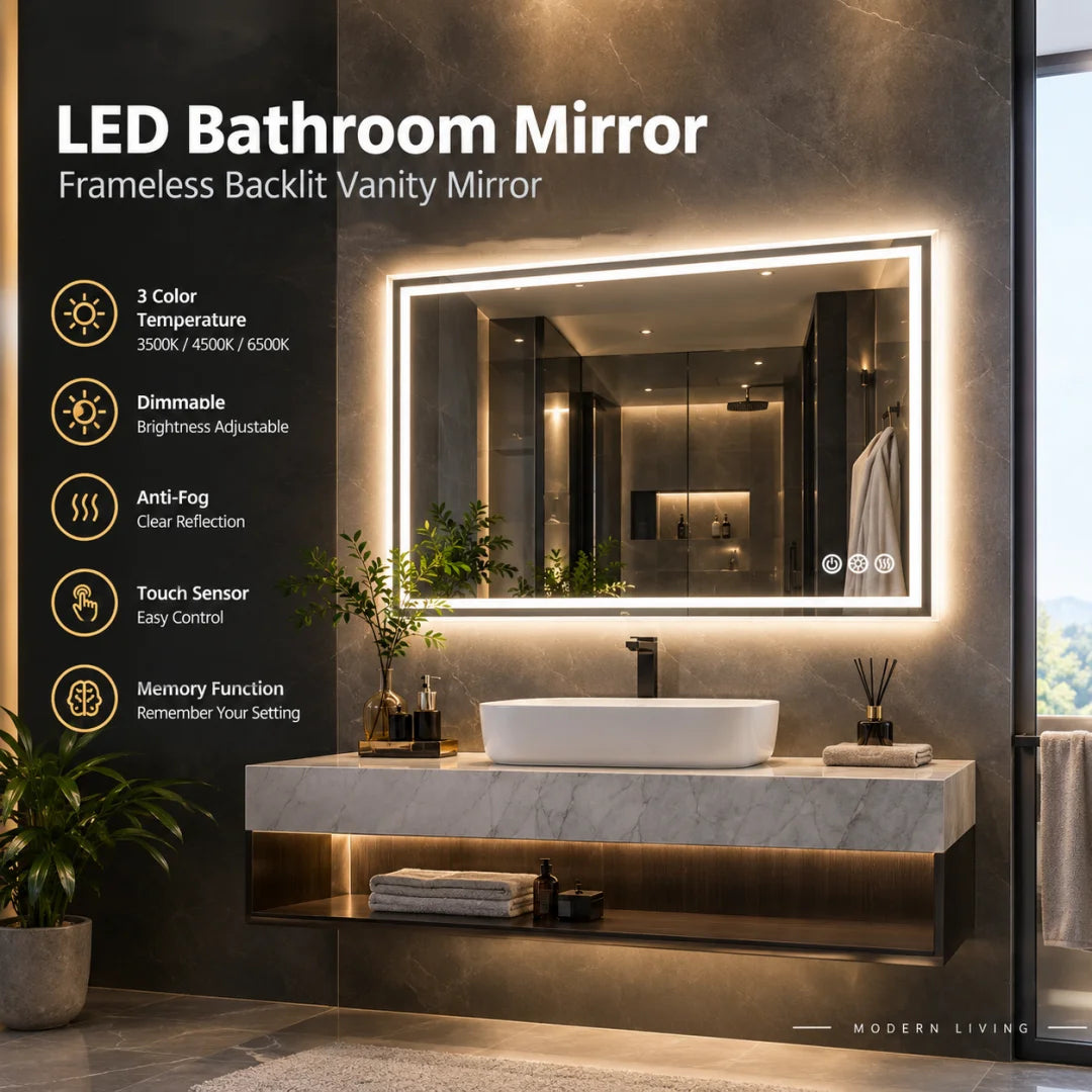 Luvodi Frameless Led Vanity Mirror With Anti Fog Touch Control