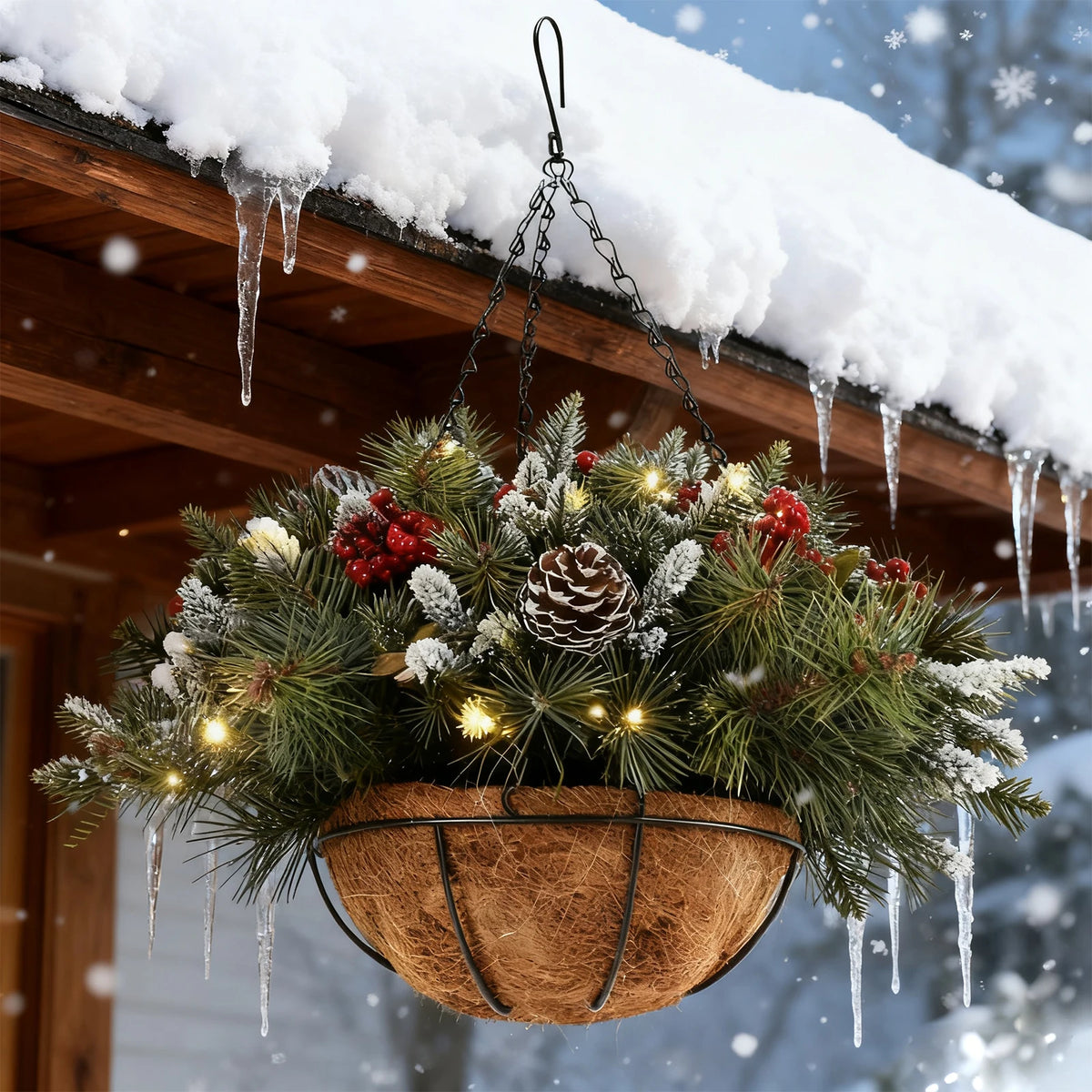 Prelit Artificial Christmas Hanging Basket With LED String Lights