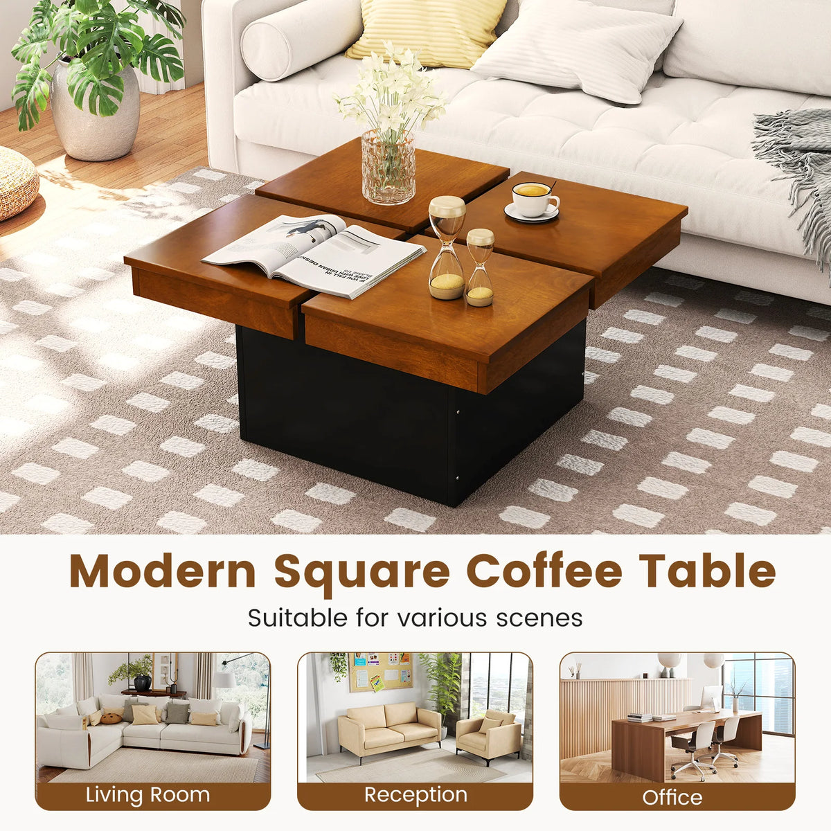 Homasis Square Coffee Table With Solid Wood Veneer Recessed Base