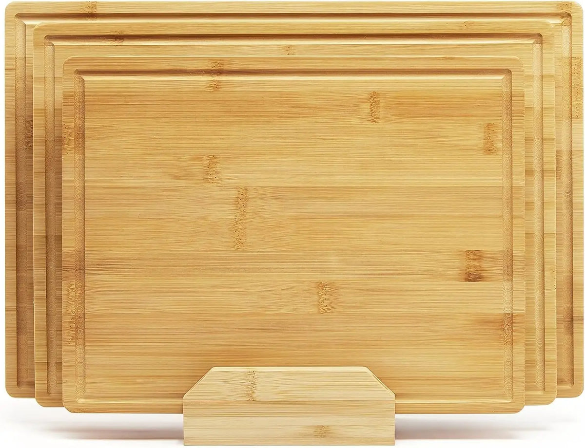 Premium Bamboo Cutting Boards Set With Stand And Deep Juice Grooves