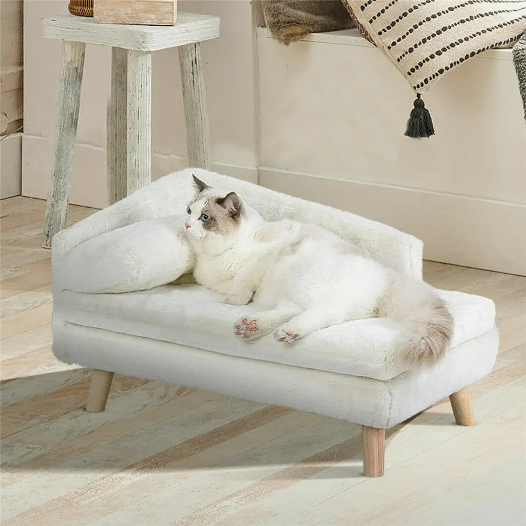 Elevated Wooden Pet Sofa Bed With Plush Cushion For Pets