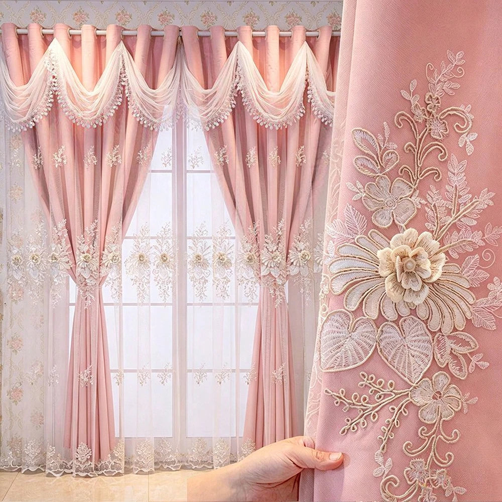 Premium Double Layer Ruffled Lace Curtain With Floral Embroidery