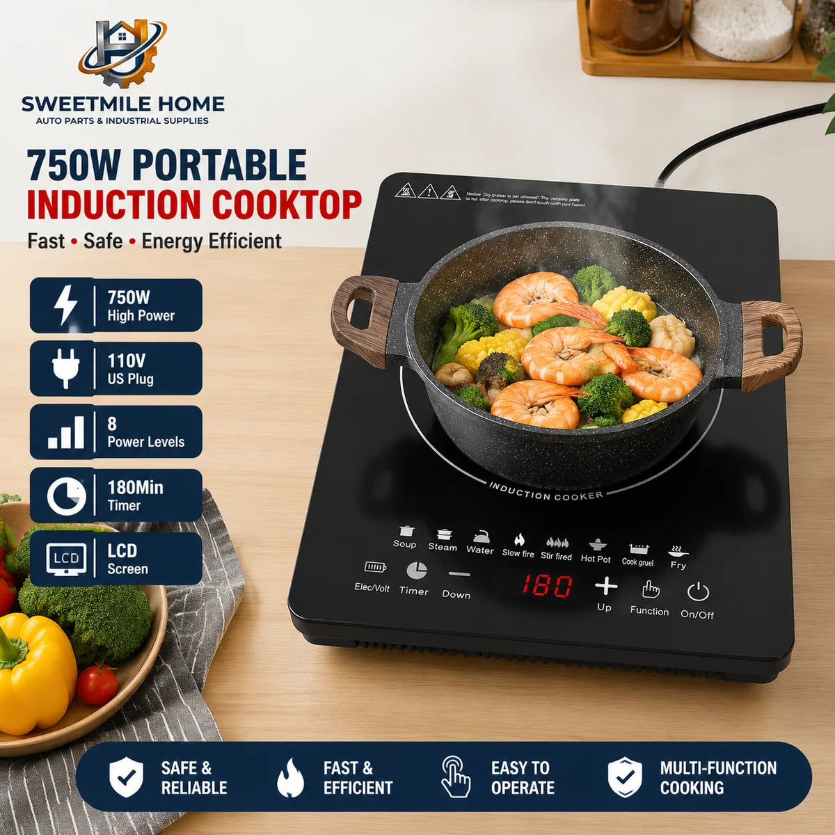 Sweetmile Portable Induction Cooktop With Eight Power Levels And Timer