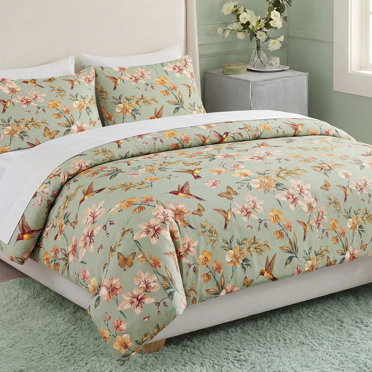 Vintage Floral 100% Cotton Duvet Cover Set Zipper 3 Piece