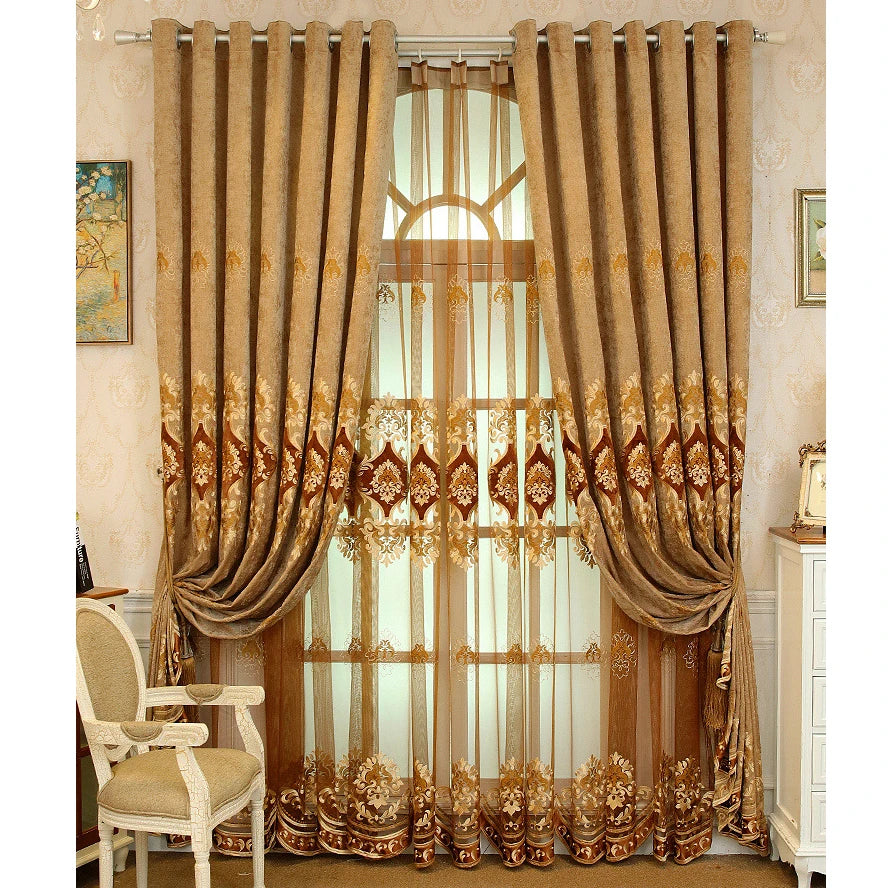 European Floral Embroidered Chenille Curtains With Grommet Top