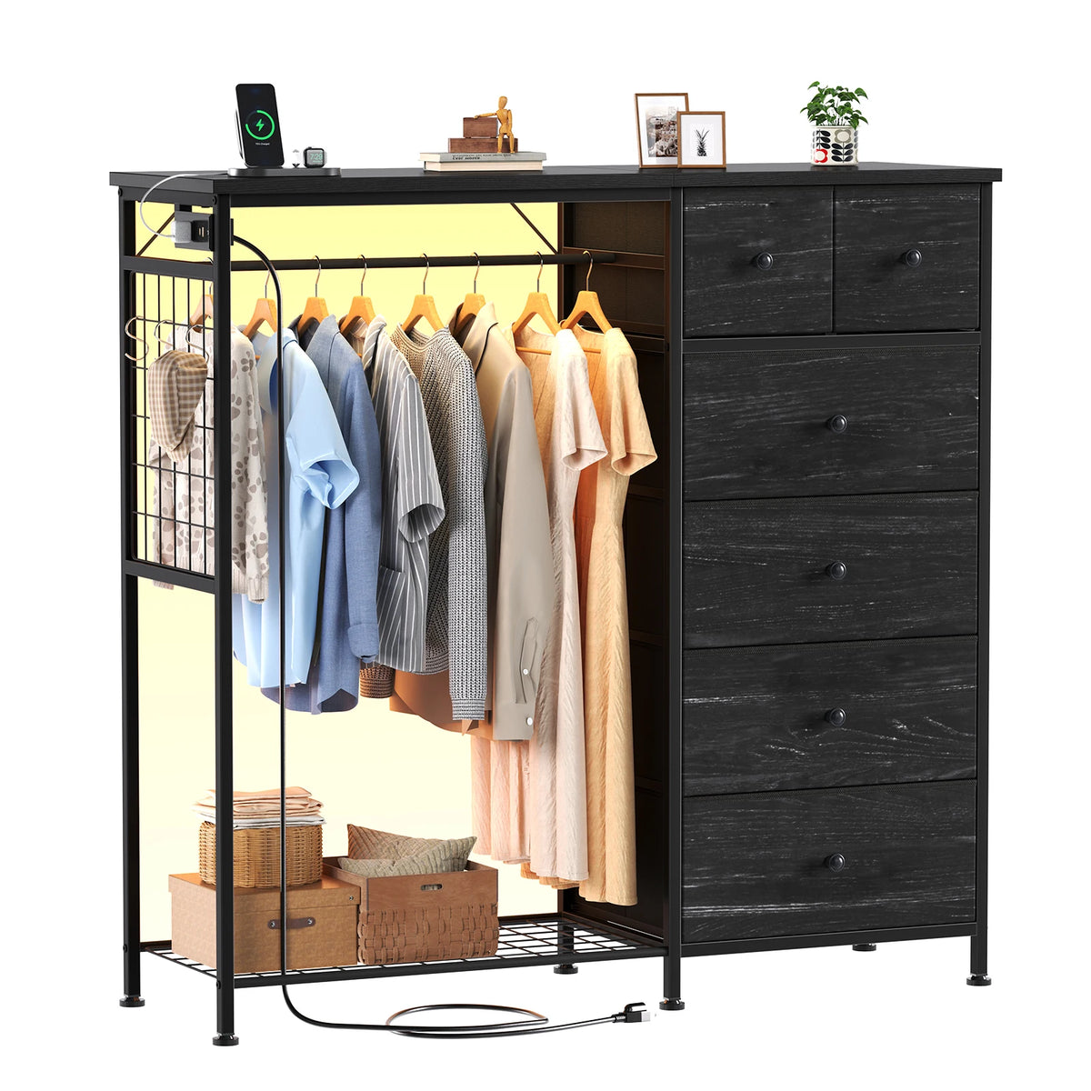JHK 6 Drawer Fabric Dresser With LED Charging Station