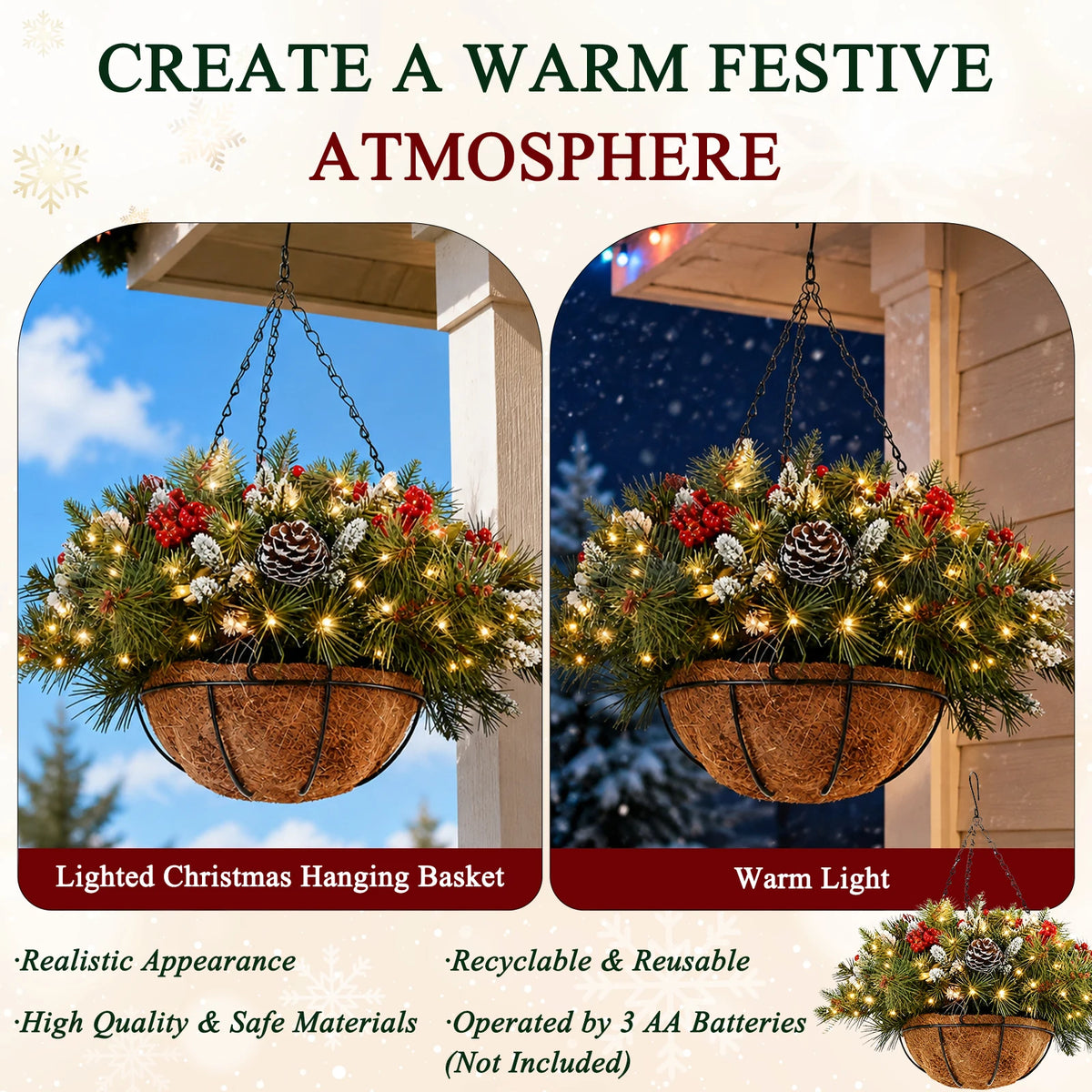 Prelit Artificial Christmas Hanging Basket With LED String Lights