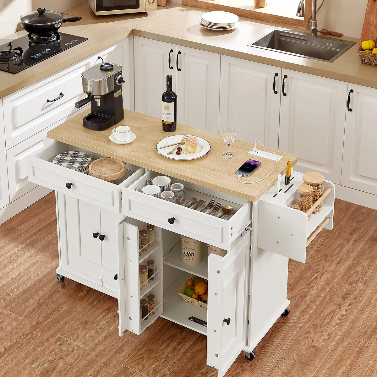Rolling Kitchen Island Cart With Drop Leaf And Power Outlet
