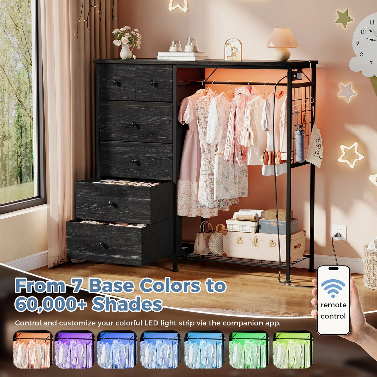 JHK 6 Drawer Fabric Dresser With LED Charging Station