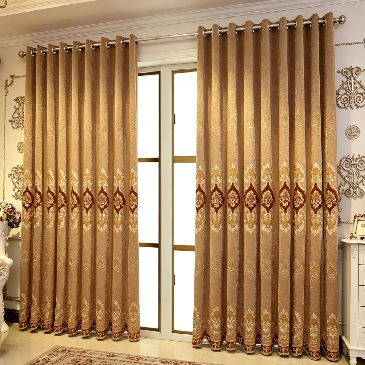 European Floral Embroidered Chenille Curtains With Grommet Top