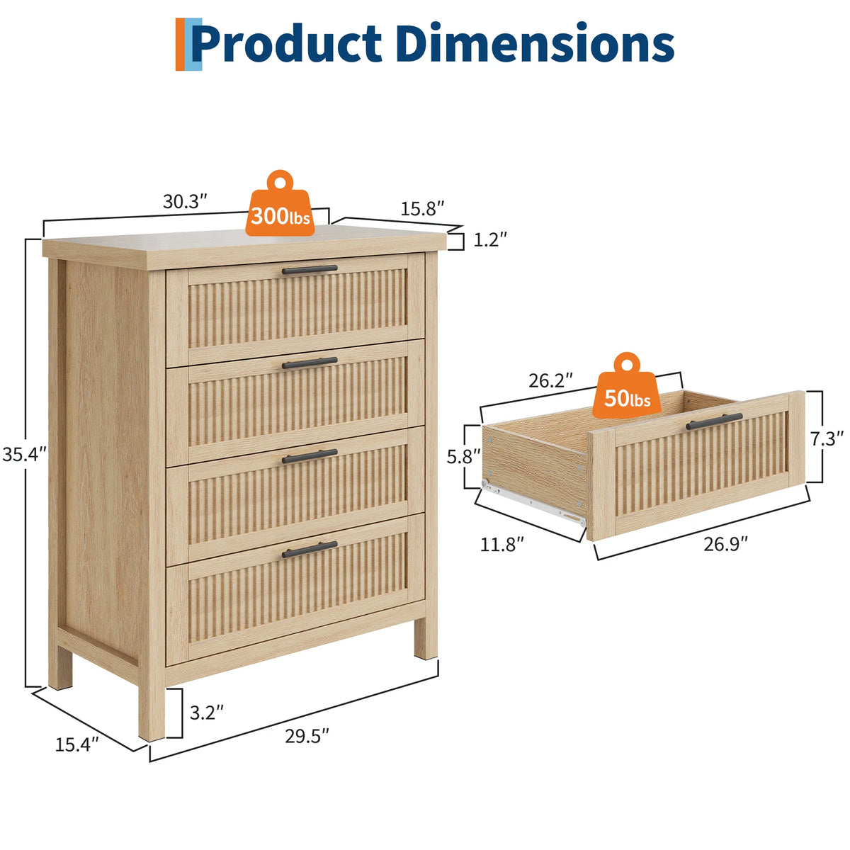 Fluted Wooden Dresser Featuring Deep Drawers For Bedroom Storage
