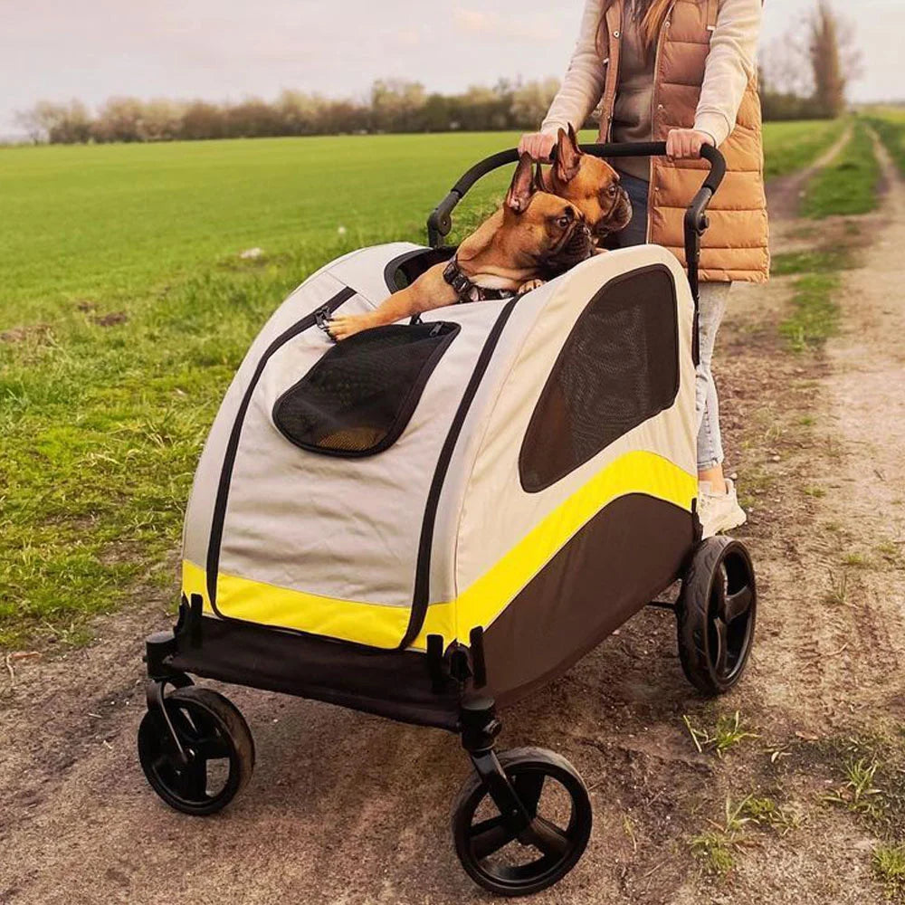 Foldable Four Wheel Dog Stroller With Shock Absorbing Swivel Wheels