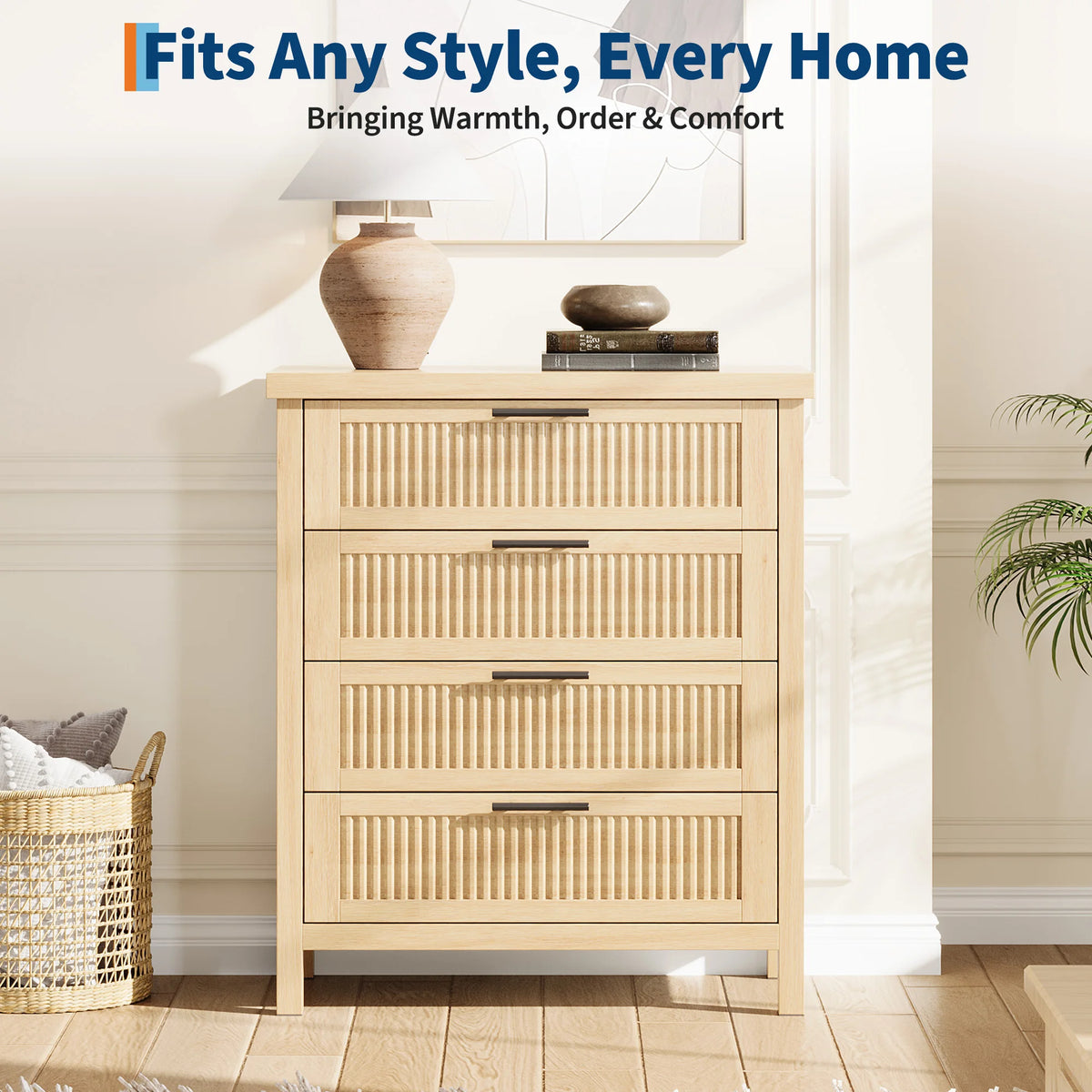 Fluted Wooden Dresser Featuring Deep Drawers For Bedroom Storage