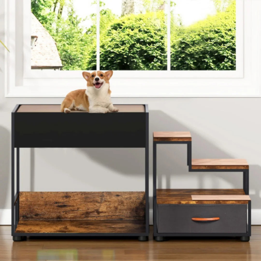 Multi-Level Elevated Dog Bunk Bed with Steps and Storage Drawer