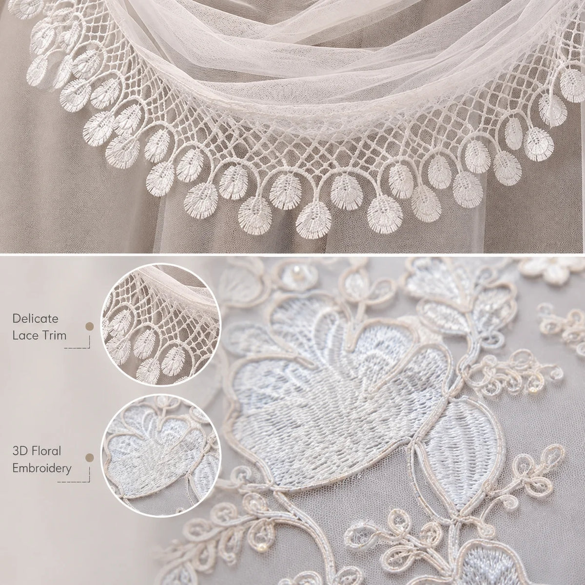 Premium Double Layer Ruffled Lace Curtain With Floral Embroidery