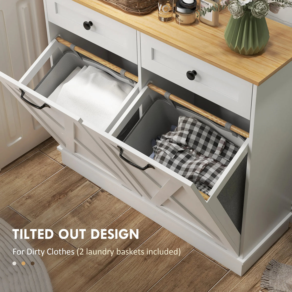 HOMCOM Double Tilt Out Laundry Hamper Cabinet With Dual Drawers