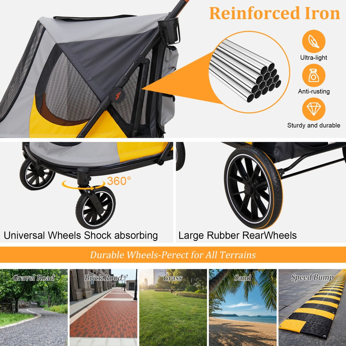 Foldable Dog Jogger Stroller With Storage Pockets And Wheels